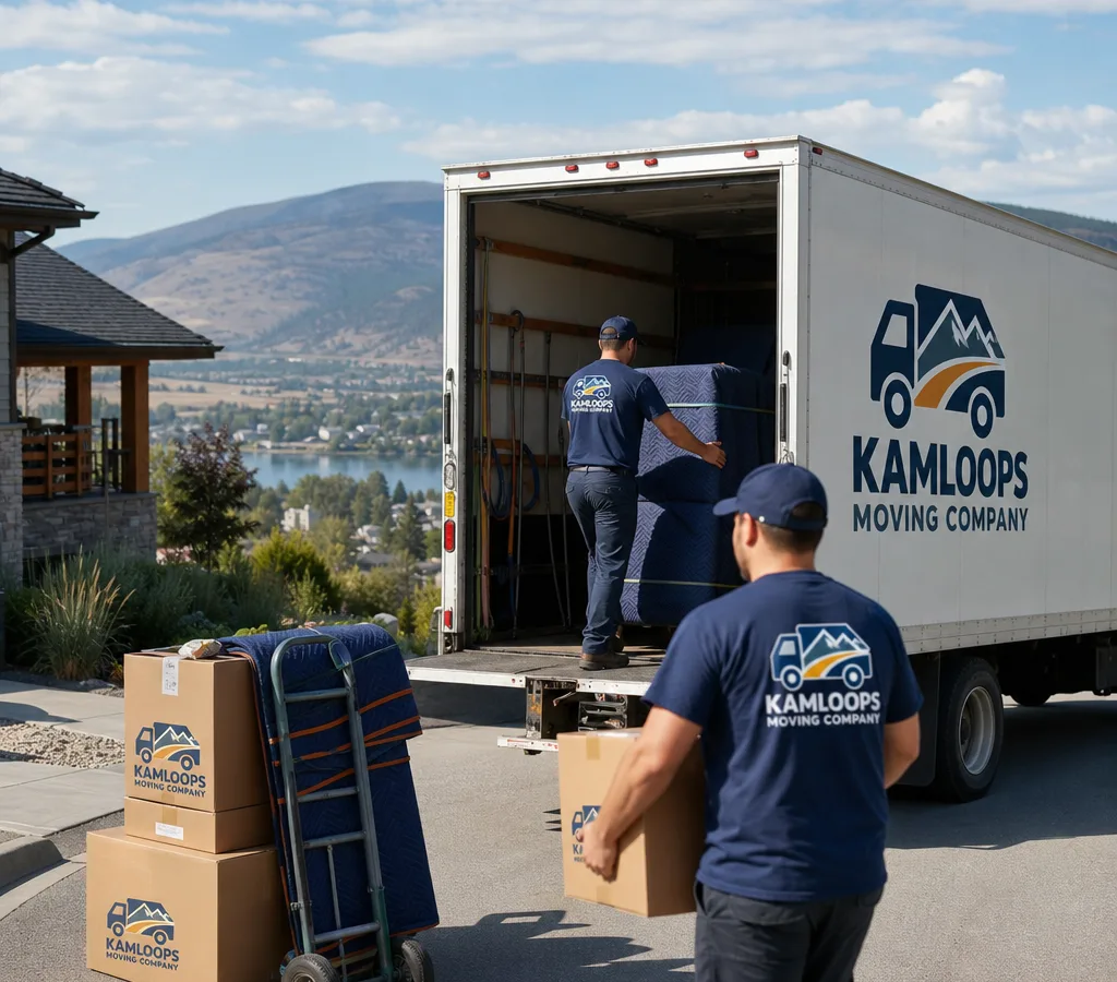 Professional moving crew loading padded furniture and labeled boxes into a moving truck outside a Kamloops home