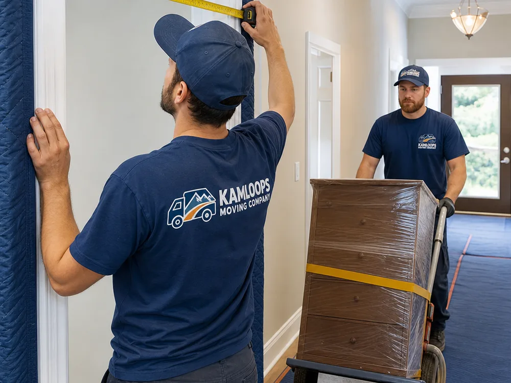 Mover measuring a doorway and protecting its frame while another mover transports a wrapped dresser over floor runners