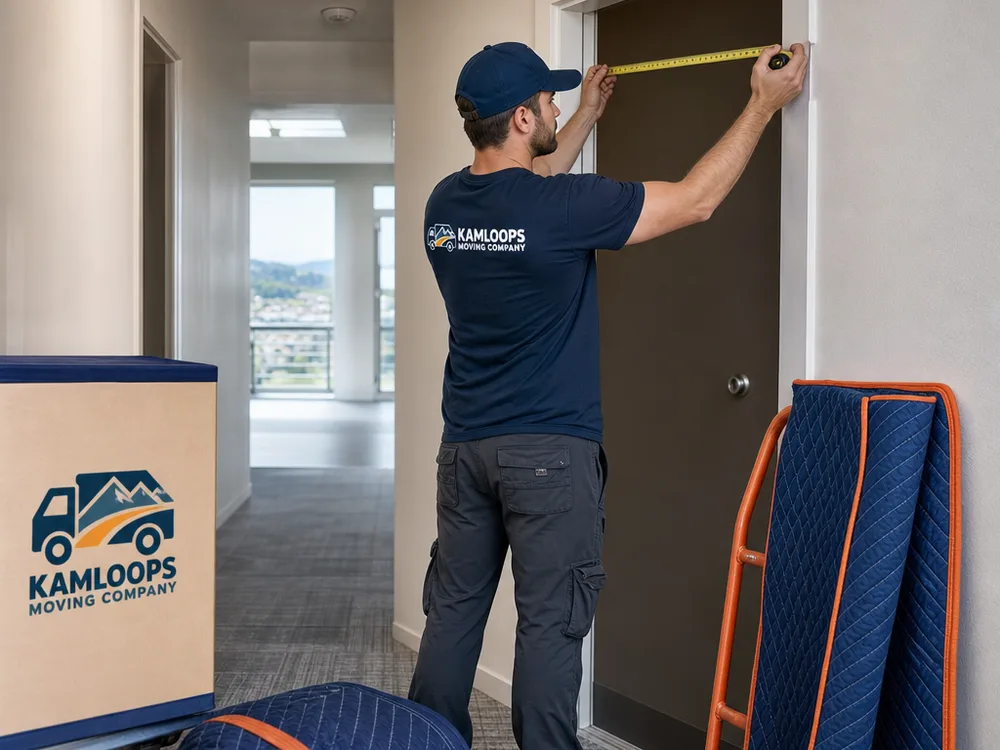 Mover measuring a doorway and preparing padded protection in an apartment hallway before loading items for a long-distance move from Kamloops