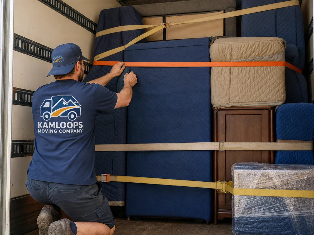 Properly loaded moving truck with padded furniture secured by straps