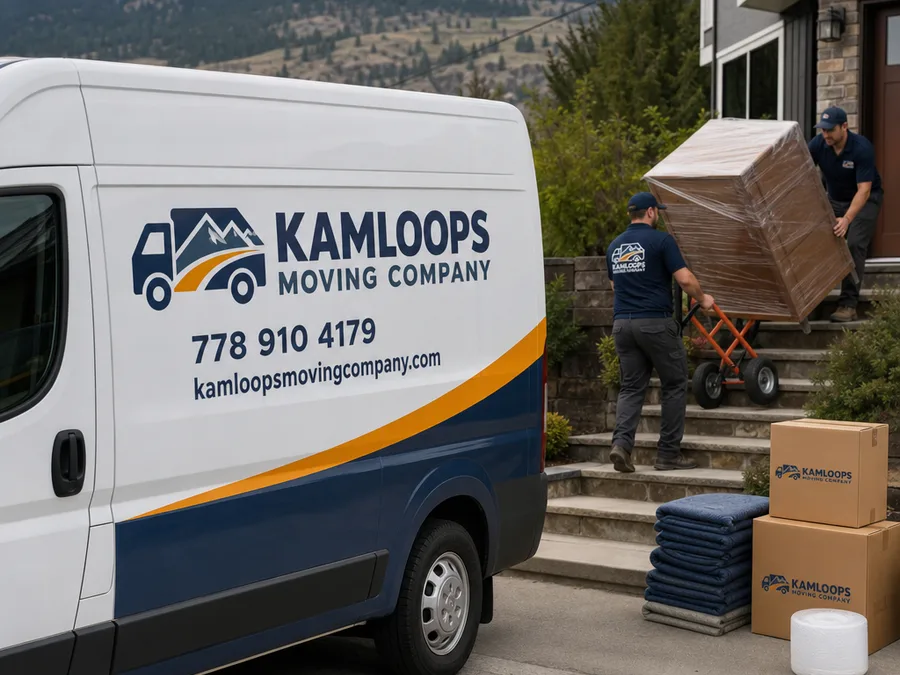 Movers using a dolly to move a strapped appliance down a ramp into a truck
